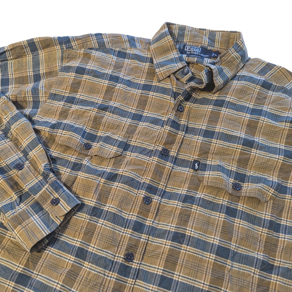 Polo Ralph Lauren Mens XL Cascade Plaid Button Down Shirt Brown Blue 100% Cotton